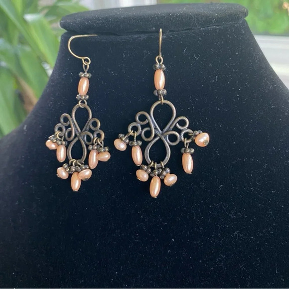 Peach Colored Ornate Antiqued Chandelier Looking Dangle Earrings - Picture 1 of 5